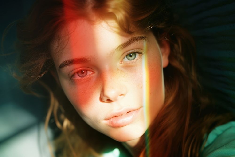 Rainbow light on teen face photography portrait hairstyle. AI generated Image by rawpixel.