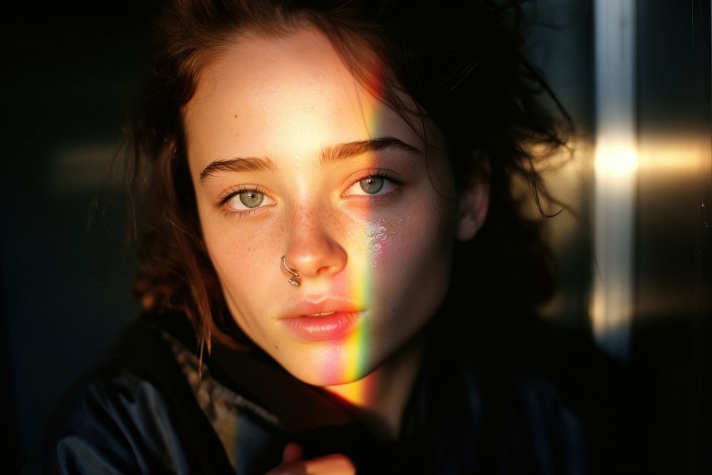 Rainbow light on teen face photography portrait contemplation. AI generated Image by rawpixel.