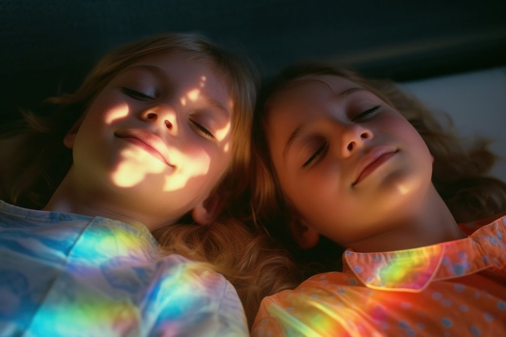 Rainbow lights on two children face photography portrait togetherness. AI generated Image by rawpixel.