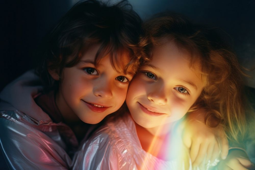 Rainbow lights photography portrait child. AI generated Image by rawpixel.