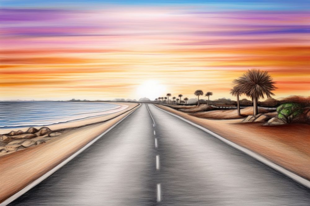 Sunset road and beach landscape outdoors horizon. AI generated Image by rawpixel.