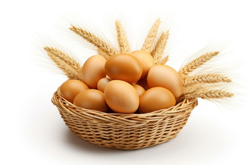 A basket of eggs and wheat food white background ingredient. AI generated Image by rawpixel.