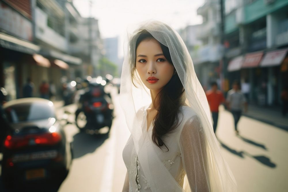 Vietnamese woman fashion wedding street. AI generated Image by rawpixel.