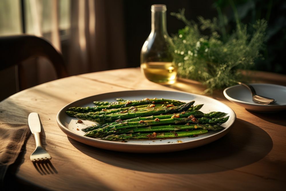 Oven-roasted asparagus plate vegetable plant. AI generated Image by rawpixel.