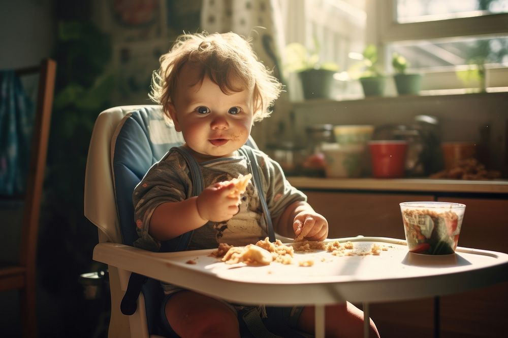 Baby eating by using hand chair furniture portrait. AI generated Image by rawpixel.