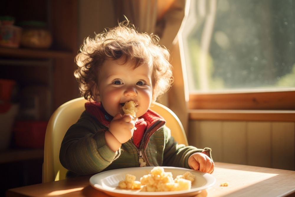 Baby eating gluttonously by using hand sitting chair food. AI generated Image by rawpixel.