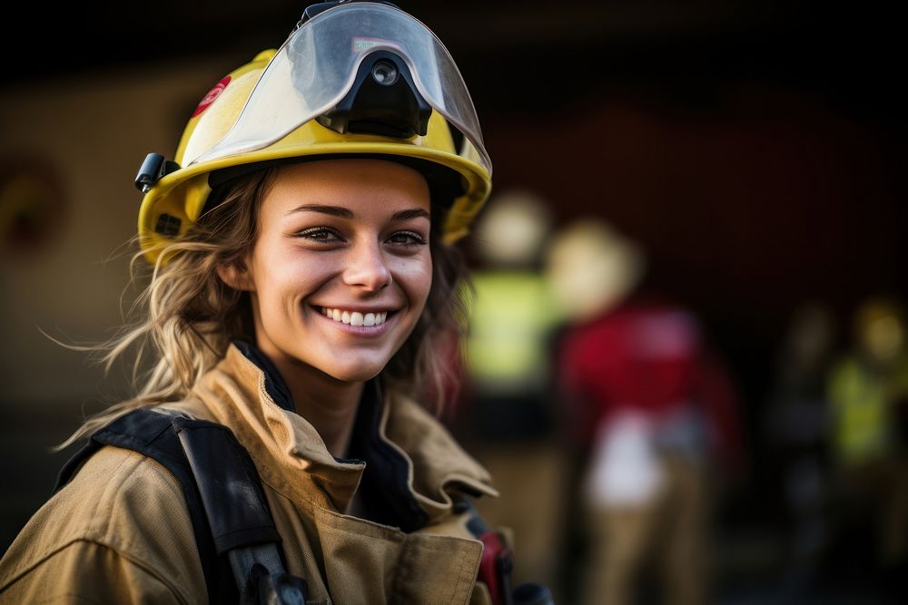 Female firefighter smiling hardhat helmet. AI generated Image by rawpixel.