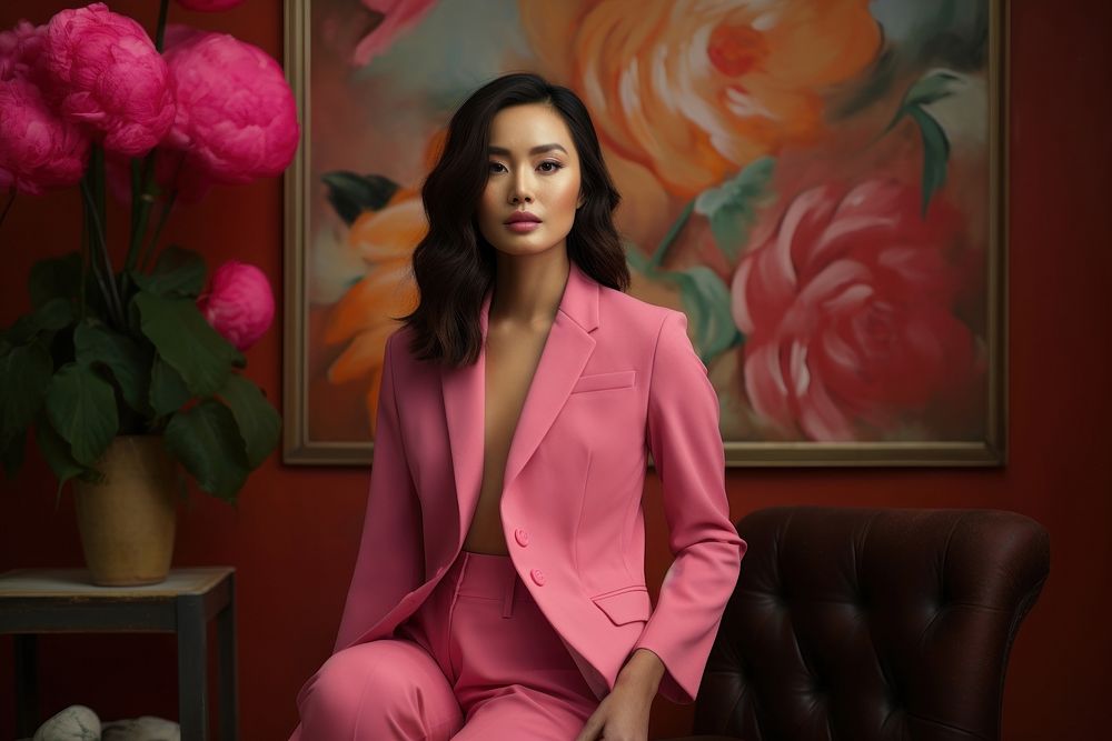 Vietnamese woman portrait blazer flower. AI generated Image by rawpixel.