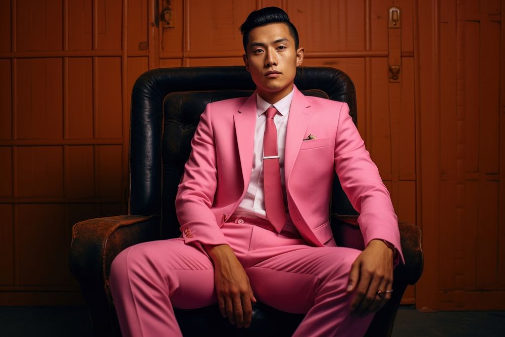 Vietnamese man sitting adult pink. AI generated Image by rawpixel.