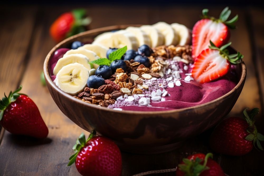 An acai bowl table food strawberry. AI generated Image by rawpixel.
