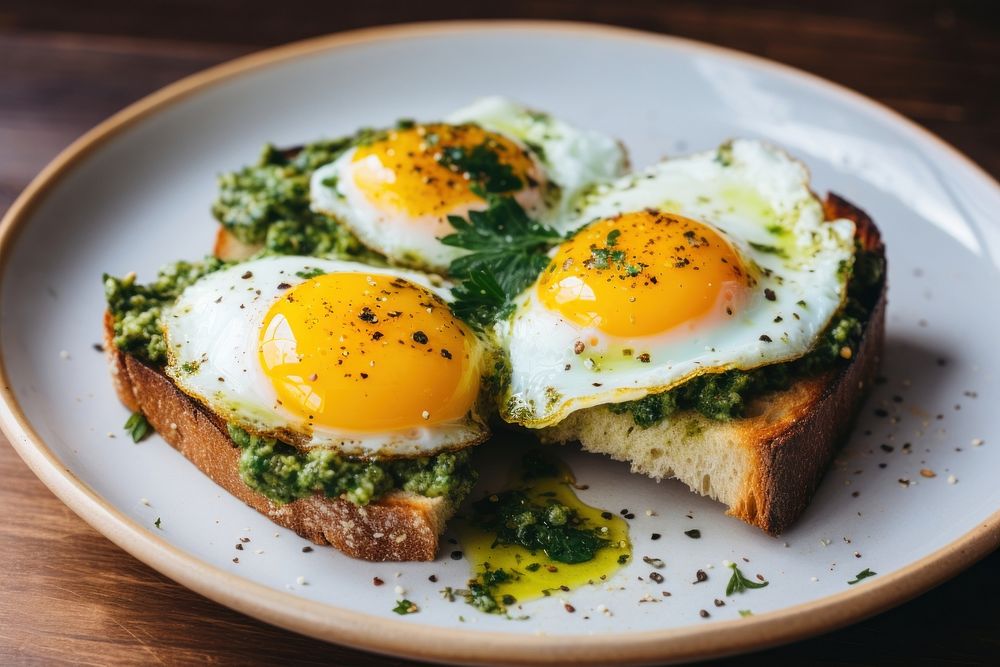 Pesto eggs on toast food breakfast vegetable. AI generated Image by rawpixel.