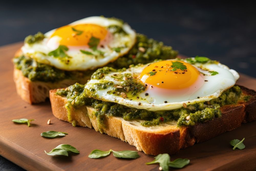 Pesto eggs on toast bread food vegetable. AI generated Image by rawpixel.