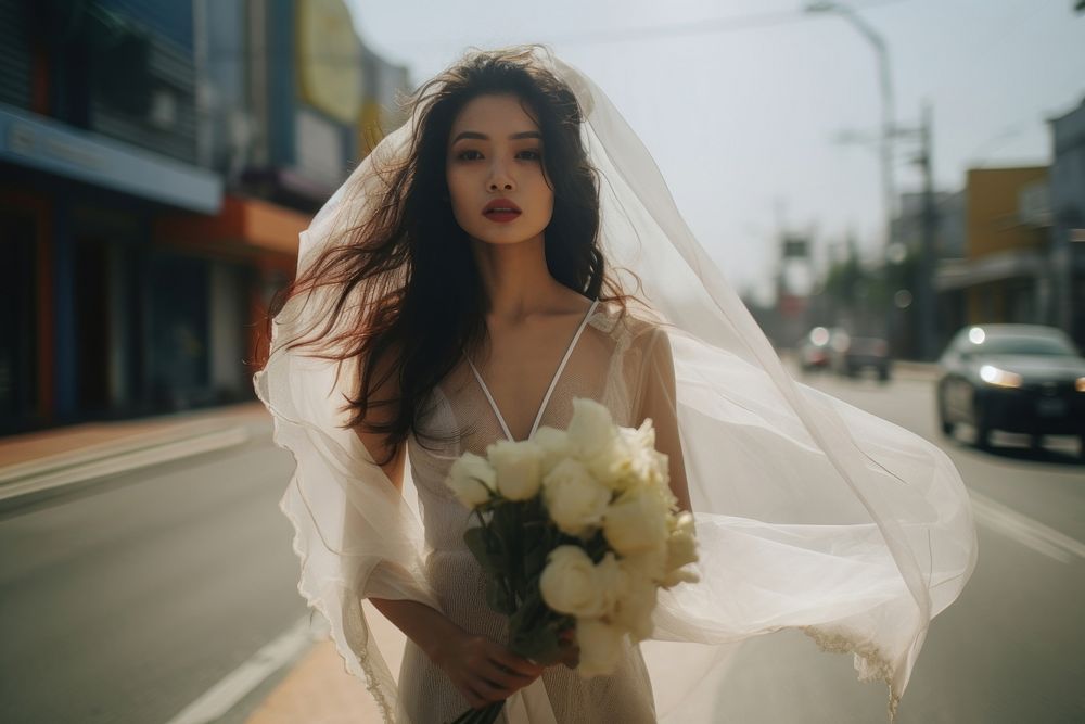 Vietnamese woman wedding flower dress. AI generated Image by rawpixel.