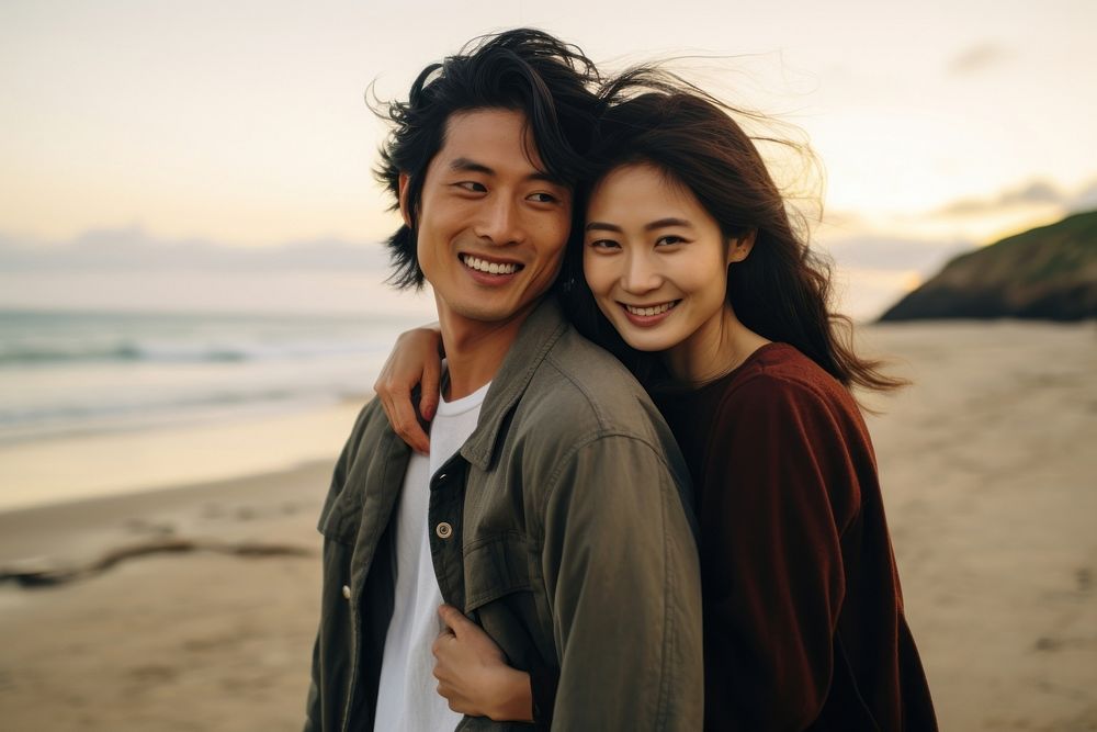 Couple East Asian portrait beach outdoors. AI generated Image by rawpixel.