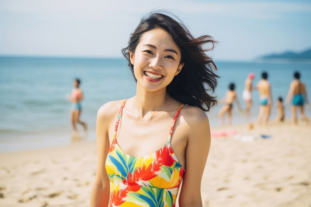 East Asian woman in the beach swimwear portrait outdoors. AI generated Image by rawpixel.