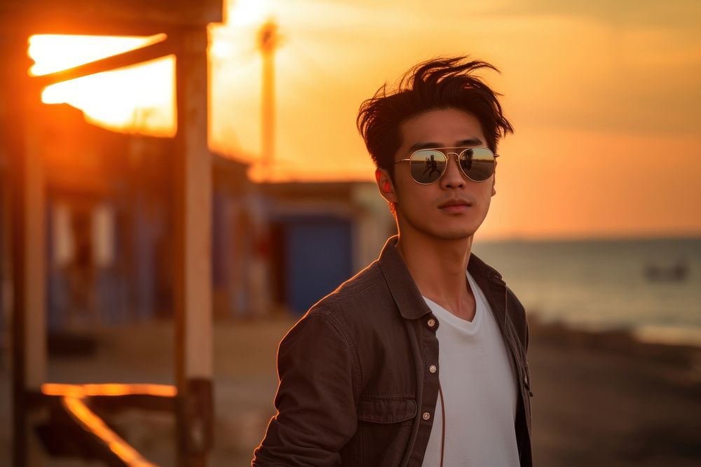 East Asian man wearing sunglasses portrait outdoors beach. AI generated Image by rawpixel.