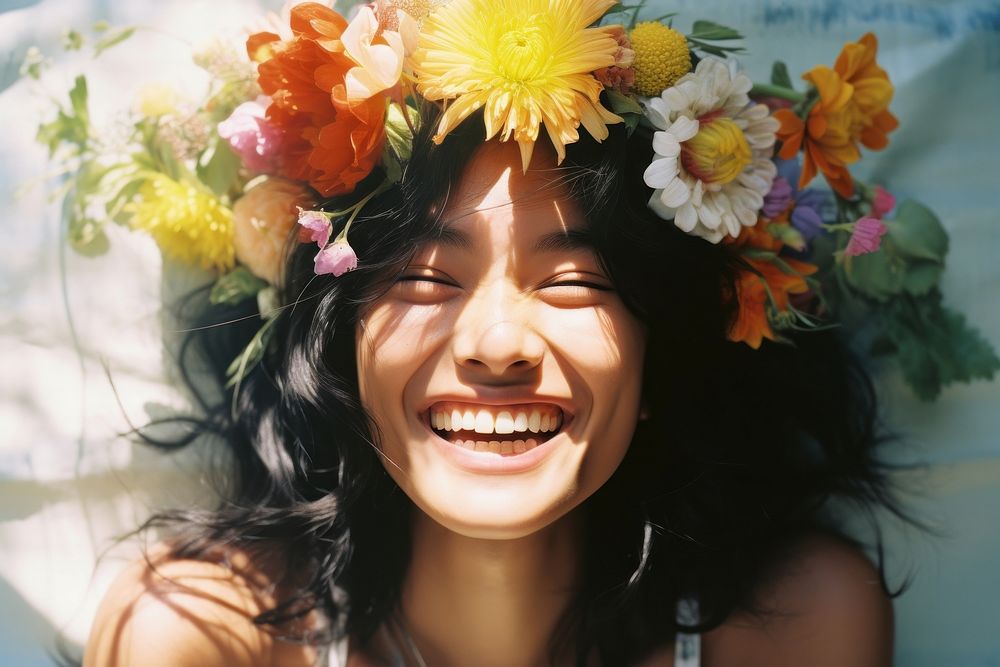 Japanese woman and flower crown portrait laughing summer. AI generated Image by rawpixel.