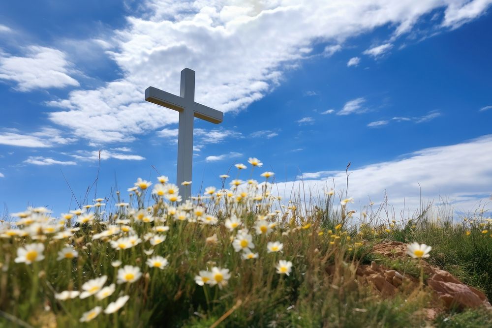 Cross on the flower hill sky outdoors cemetery. AI generated Image by rawpixel.