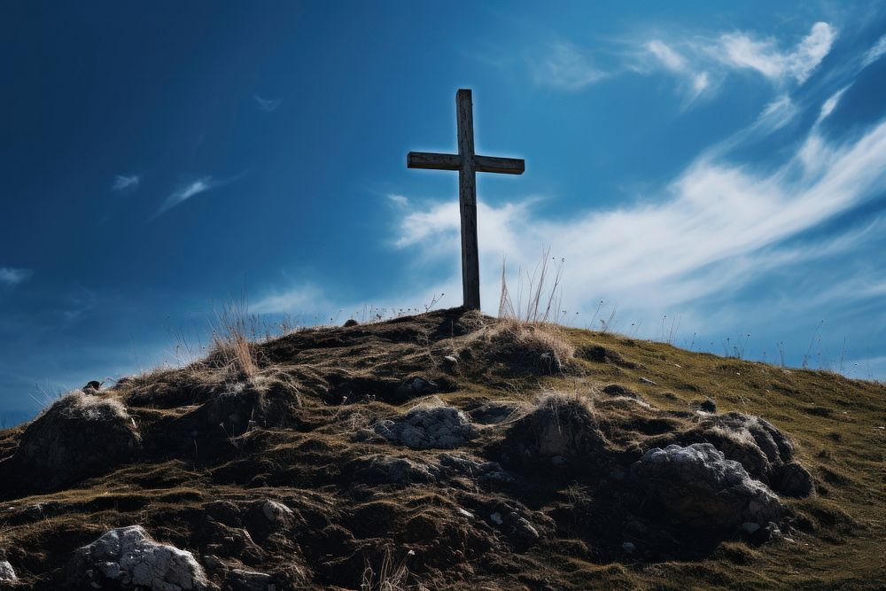 Cross on the hill outdoors cemetery nature. AI generated Image by rawpixel.