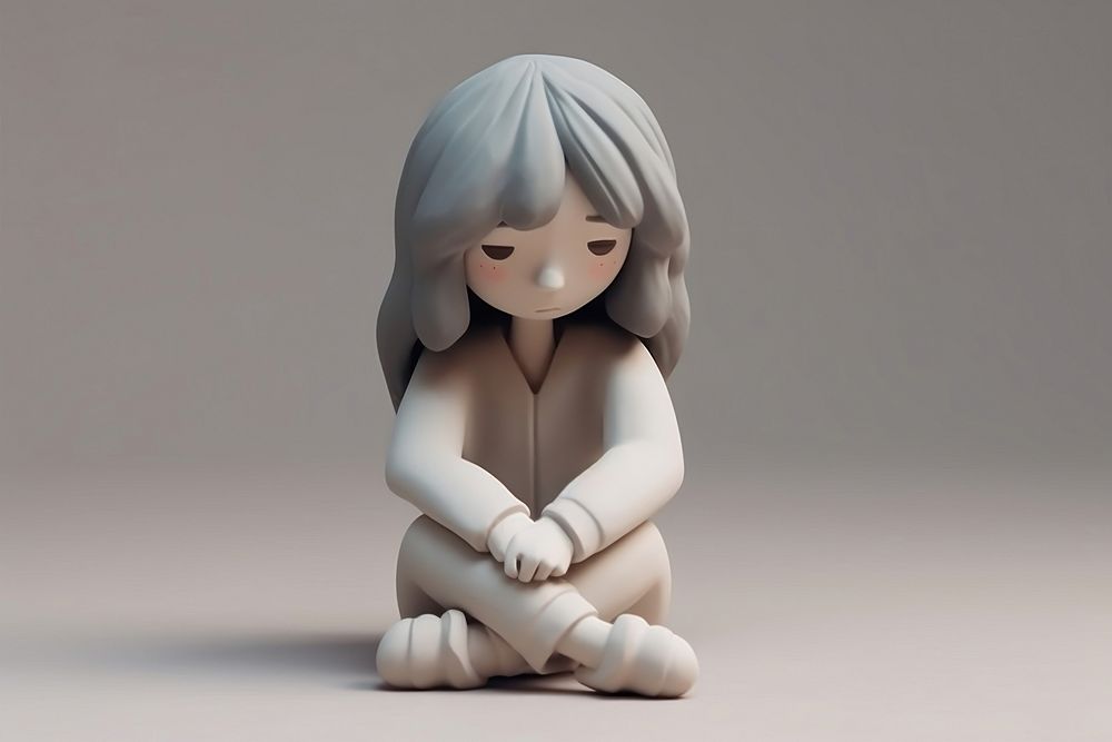 Young depressed female character sitting on the floor and holding their knees figurine toy representation. AI generated…