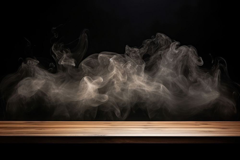 Empty wooden table with smoke monochrome darkness ethereal. AI generated Image by rawpixel.