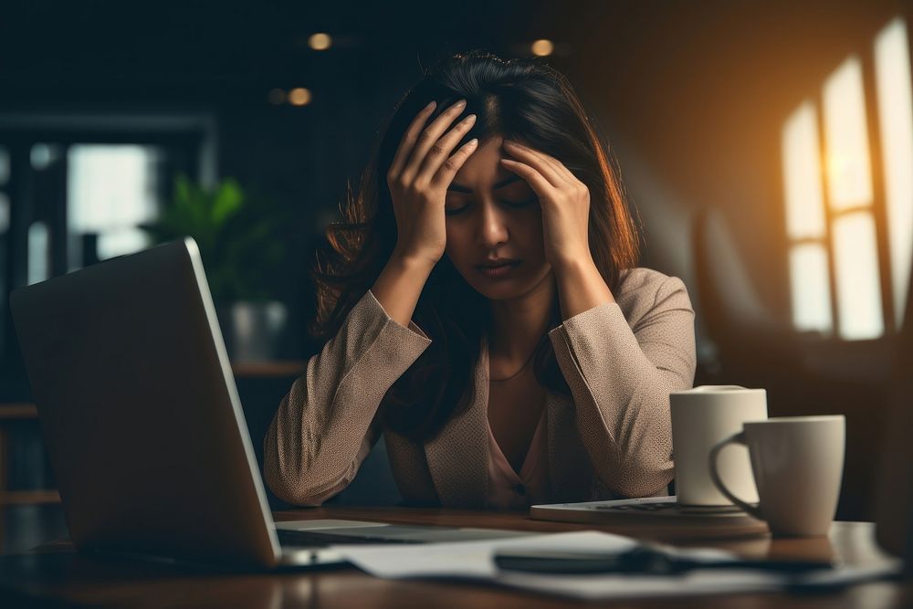 Tired woman computer worried laptop. 