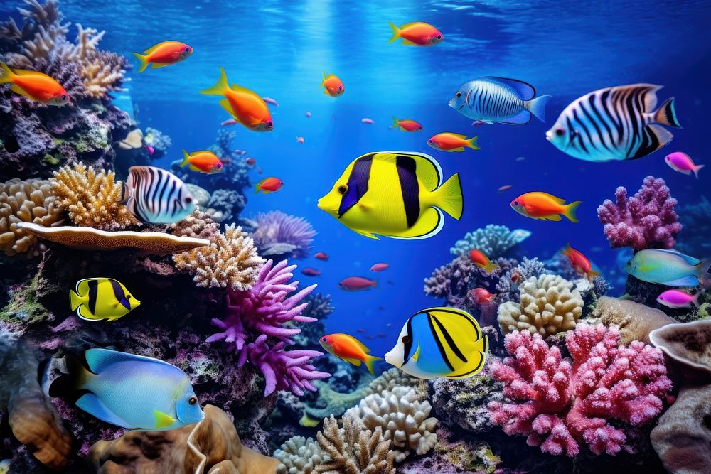 Fishes on coral reef aquarium nature sea. AI generated Image by rawpixel.