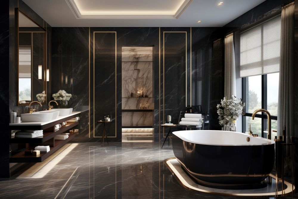Luxurious bathroom design elegance bathtub floor. AI generated Image by rawpixel.