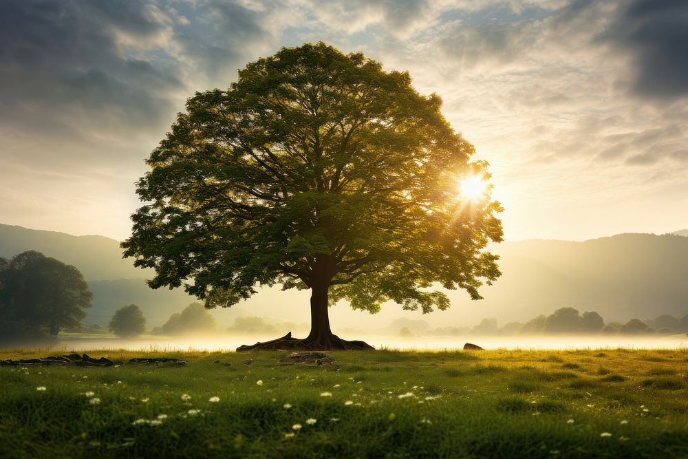 Tree in tranquil meadow landscape sunlight outdoors. AI generated Image by rawpixel.