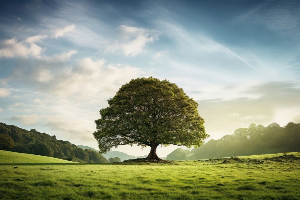 Tree in tranquil meadow landscape grassland outdoors. AI generated Image by rawpixel.