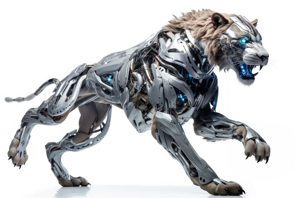 Cyborg lion leaping animal mammal white background. AI generated Image by rawpixel.