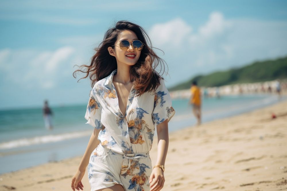 Chinese girl walking near Beach summer beach adult. AI generated Image by rawpixel.