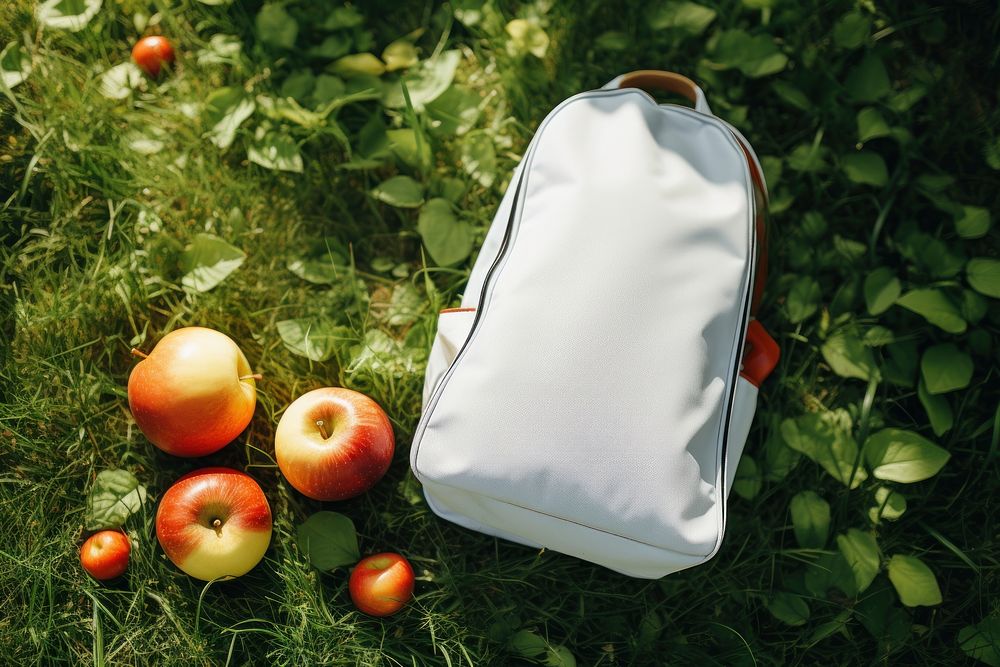 A cute white backpack apple handbag plant. AI generated Image by rawpixel.