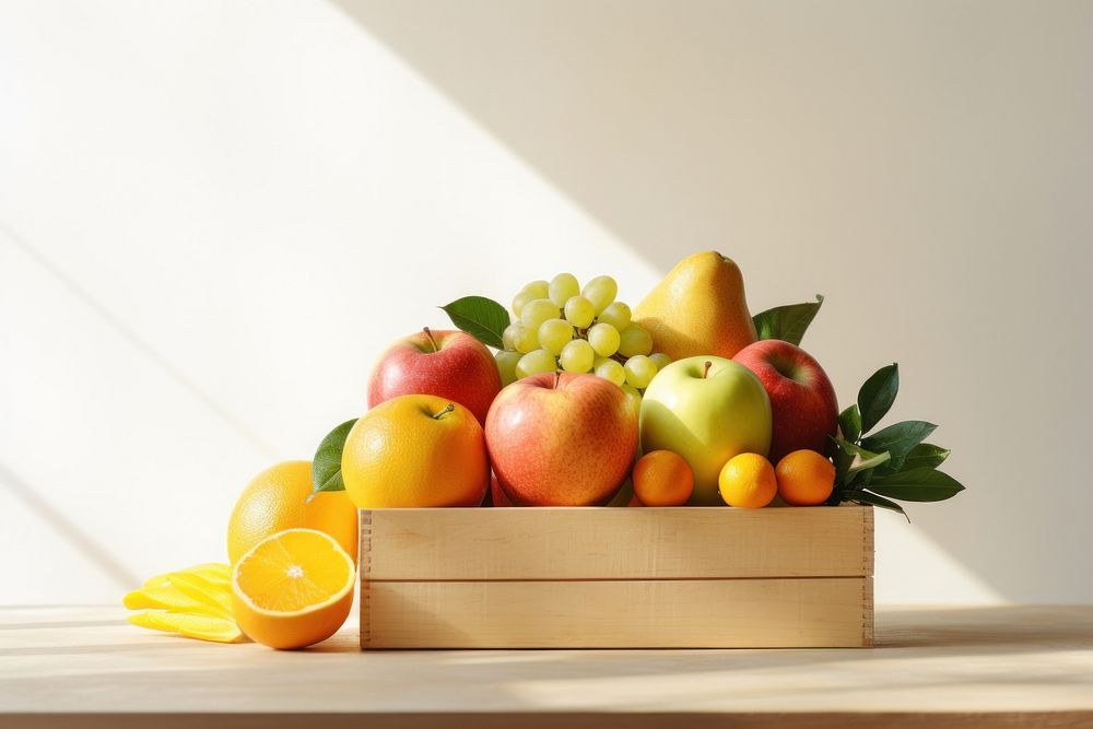 Hand holding fruits box grapefruit apple plant. AI generated Image by rawpixel.