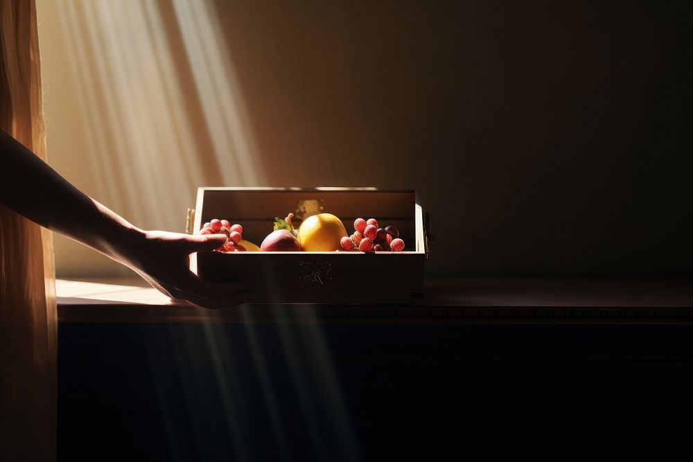 Hand holding fruits box lighting window food. AI generated Image by rawpixel.