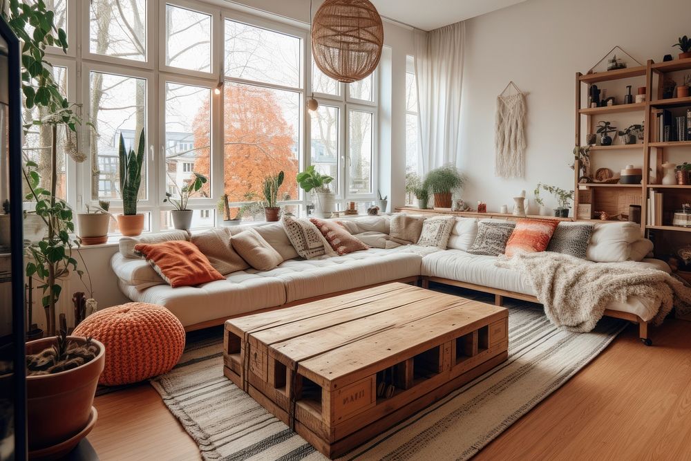 Living room in boho style architecture furniture hardwood. AI generated Image by rawpixel.