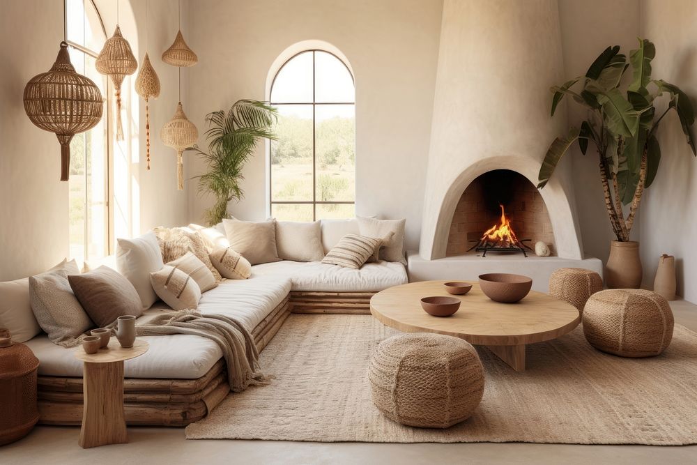Living room in boho style architecture furniture fireplace. AI generated Image by rawpixel.