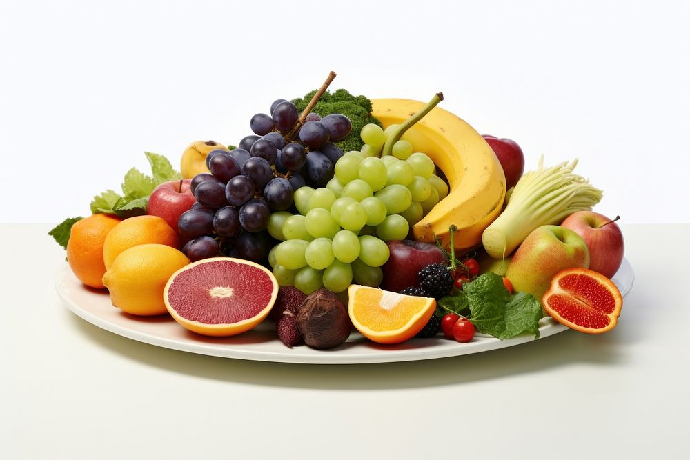 Fruits and vegetables placed together on plate pineapple grapes berry. AI generated Image by rawpixel.