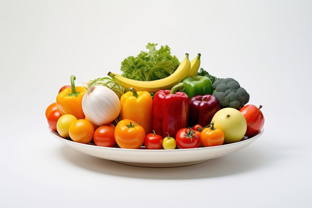 Fruits and vegetables placed together on plate plant food strawberry. AI generated Image by rawpixel.