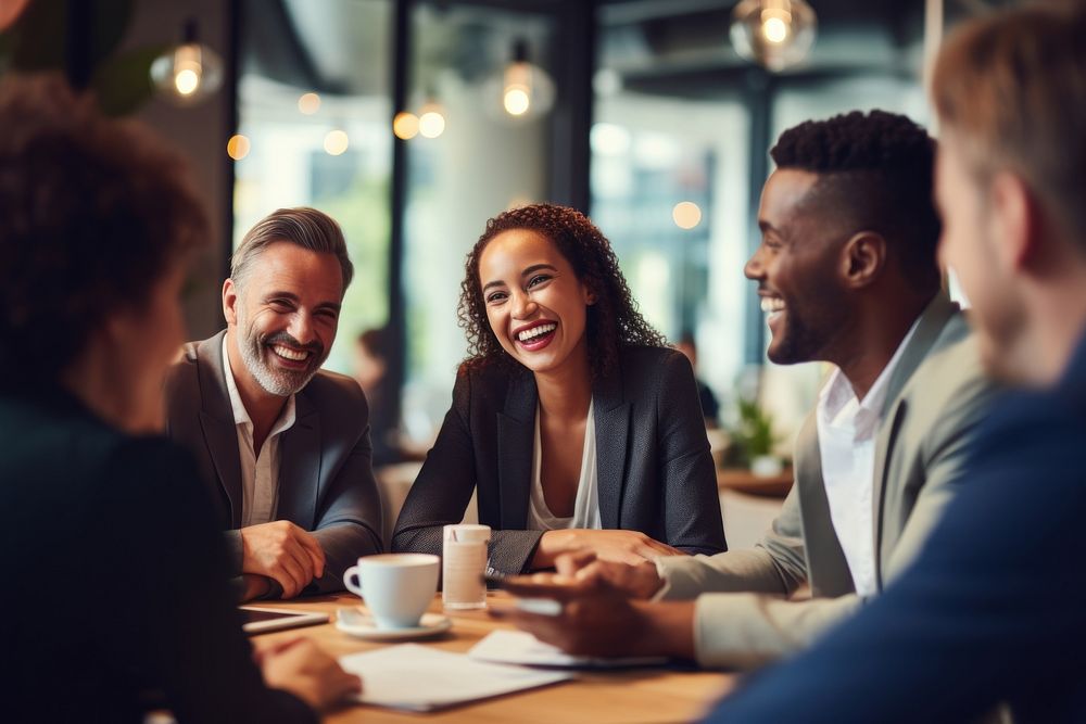 Multicultural professional businesspeople working together teamwork laughing meeting. AI generated Image by rawpixel.