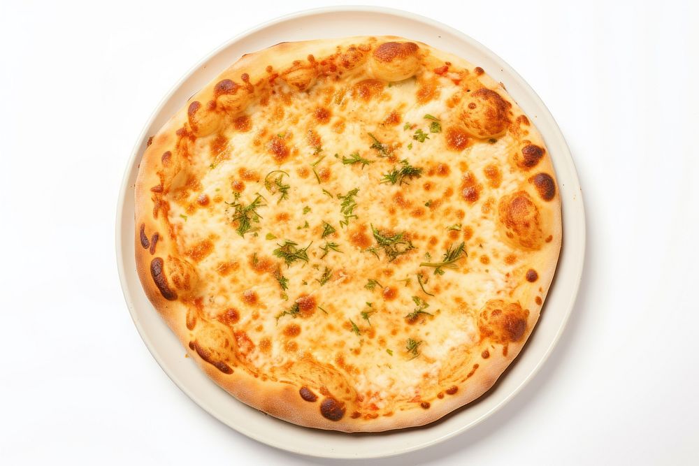 A cheese pizza on plate bread food white background. AI generated Image by rawpixel.