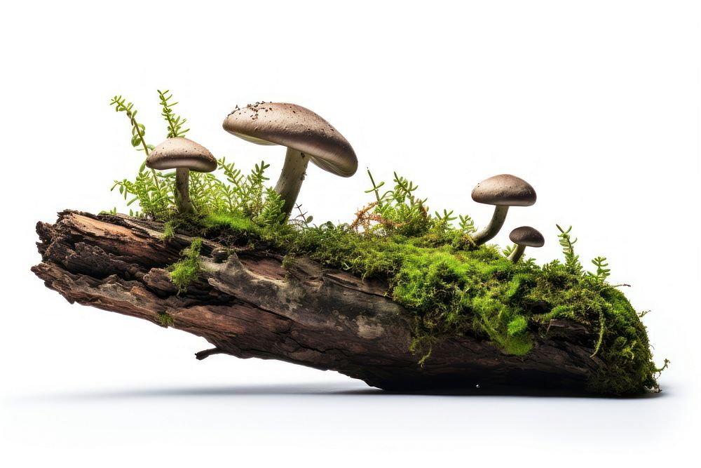 A Green moss on rotten branch with mushroom fungus plant green. AI generated Image by rawpixel.