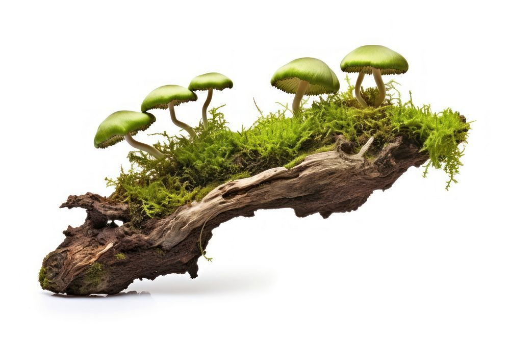 A Green moss on rotten branch with mushroom fungus plant green. AI generated Image by rawpixel.