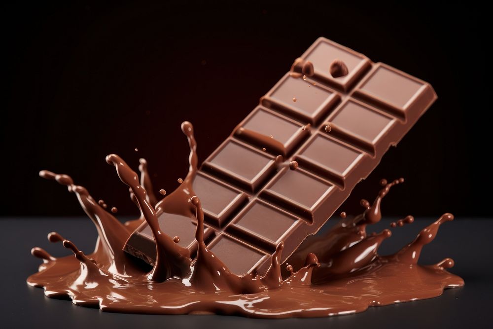 A dark chocolate bar with chocolate splash behind dessert food person. AI generated Image by rawpixel.