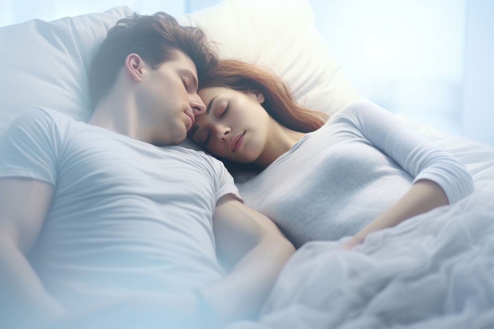 A sleeping couple bedroom adult affectionate. AI generated Image by rawpixel.