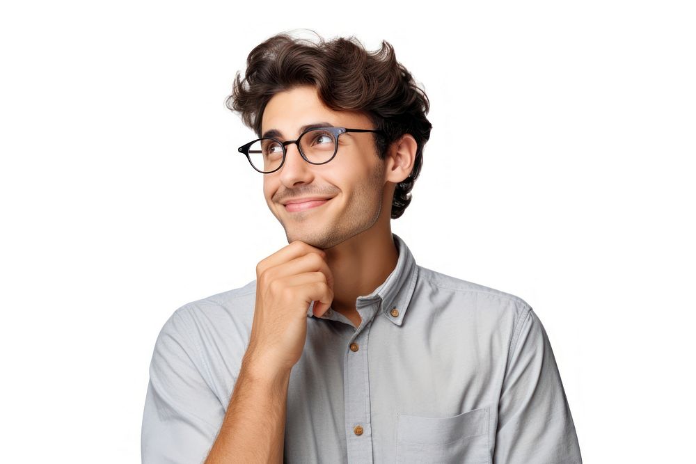 A Portrait of young man thinking happily portrait smile glasses. AI generated Image by rawpixel.