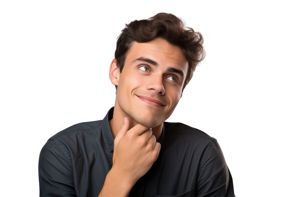 A Portrait of young man thinking happily portrait smile adult. AI generated Image by rawpixel.