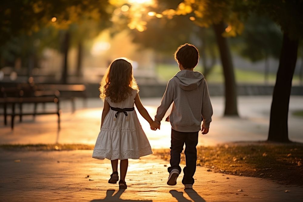 A young girl and boy holding hand walking light child. AI generated Image by rawpixel.