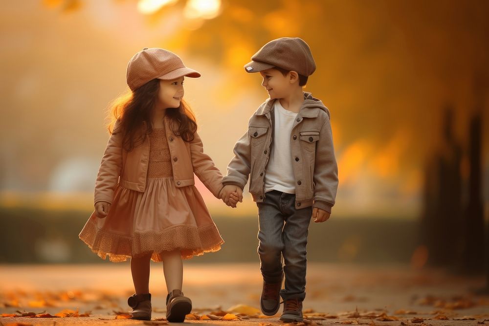 A young girl and boy holding hand child cute love. AI generated Image by rawpixel.