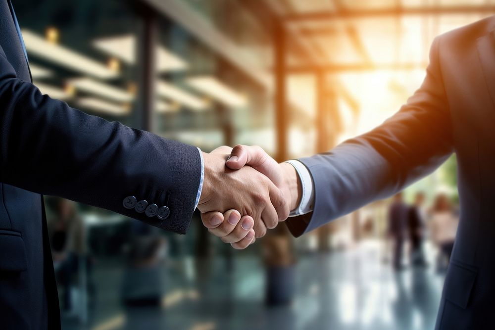 Businessmen making handshake with partner greeting success adult. AI generated Image by rawpixel.
